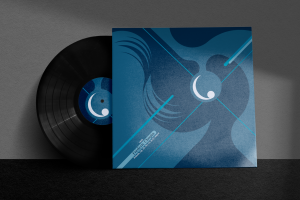 Blue curvilinear design on an album cover and reccord for Chopin Raindrop