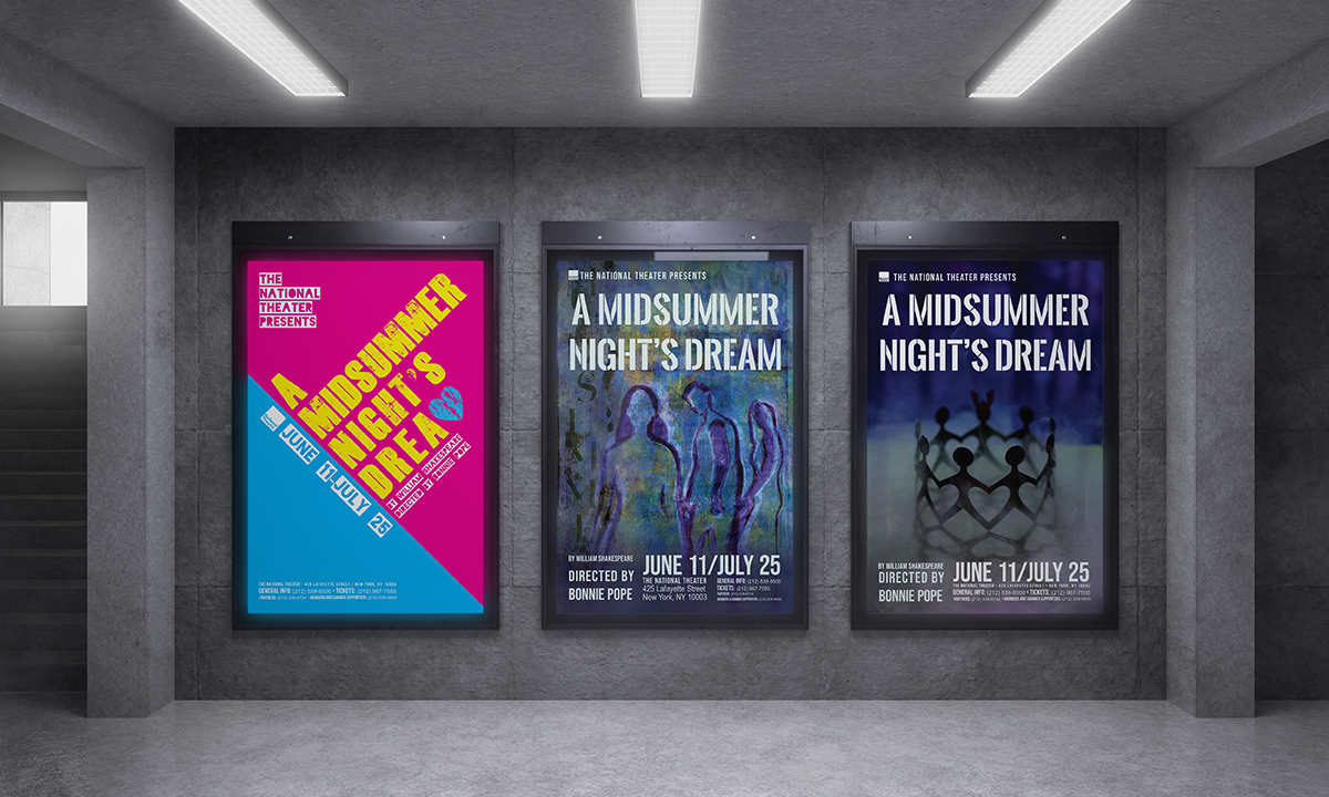 Three handcrafted posters for A Midsummer Night's Dream