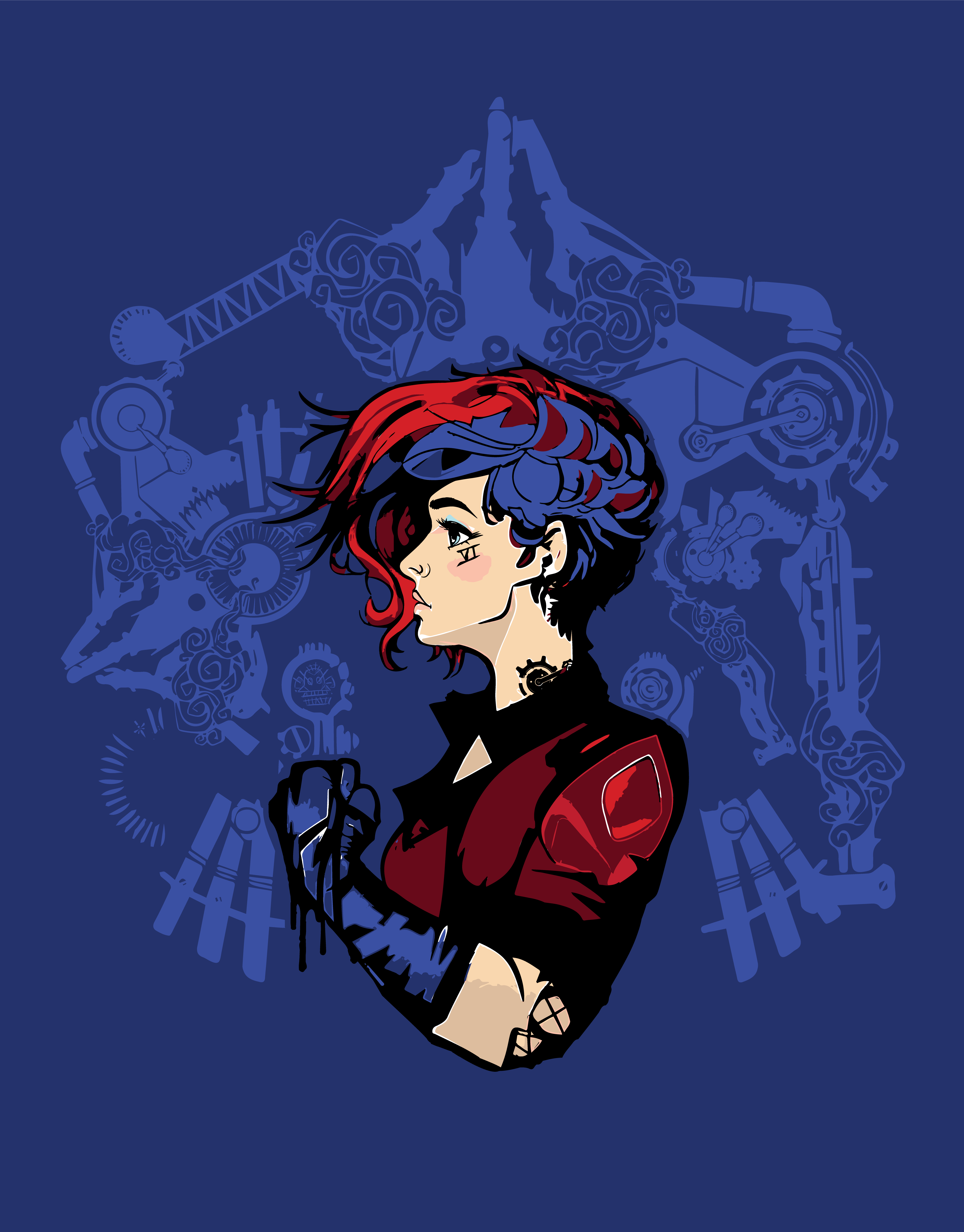Vi from Arcane is in front of a composition of blue markings from her tattoos.