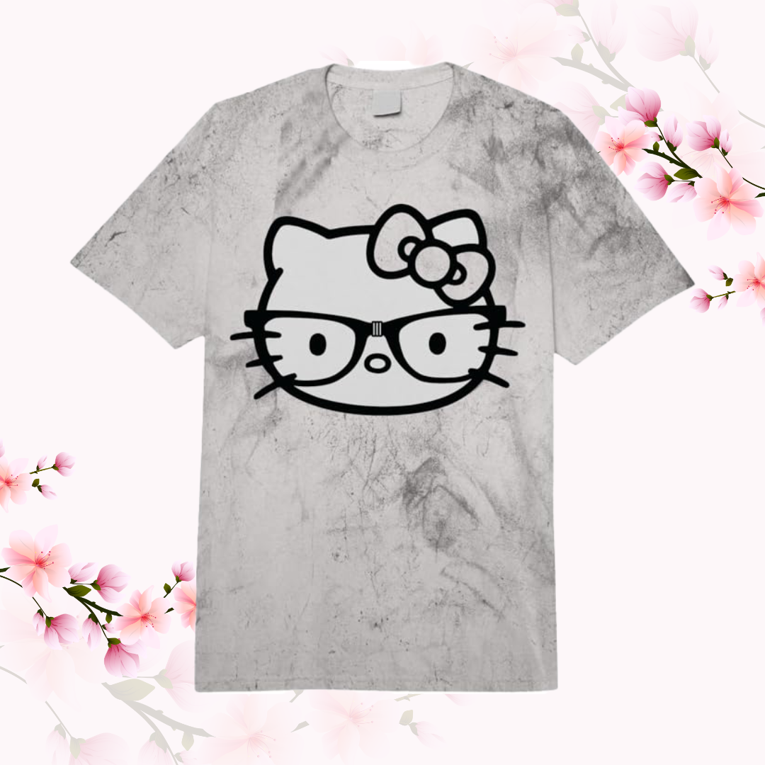 Hello Kitty Black and White Nerd Glasses Comfort Colors tee on cherry blossom background. 