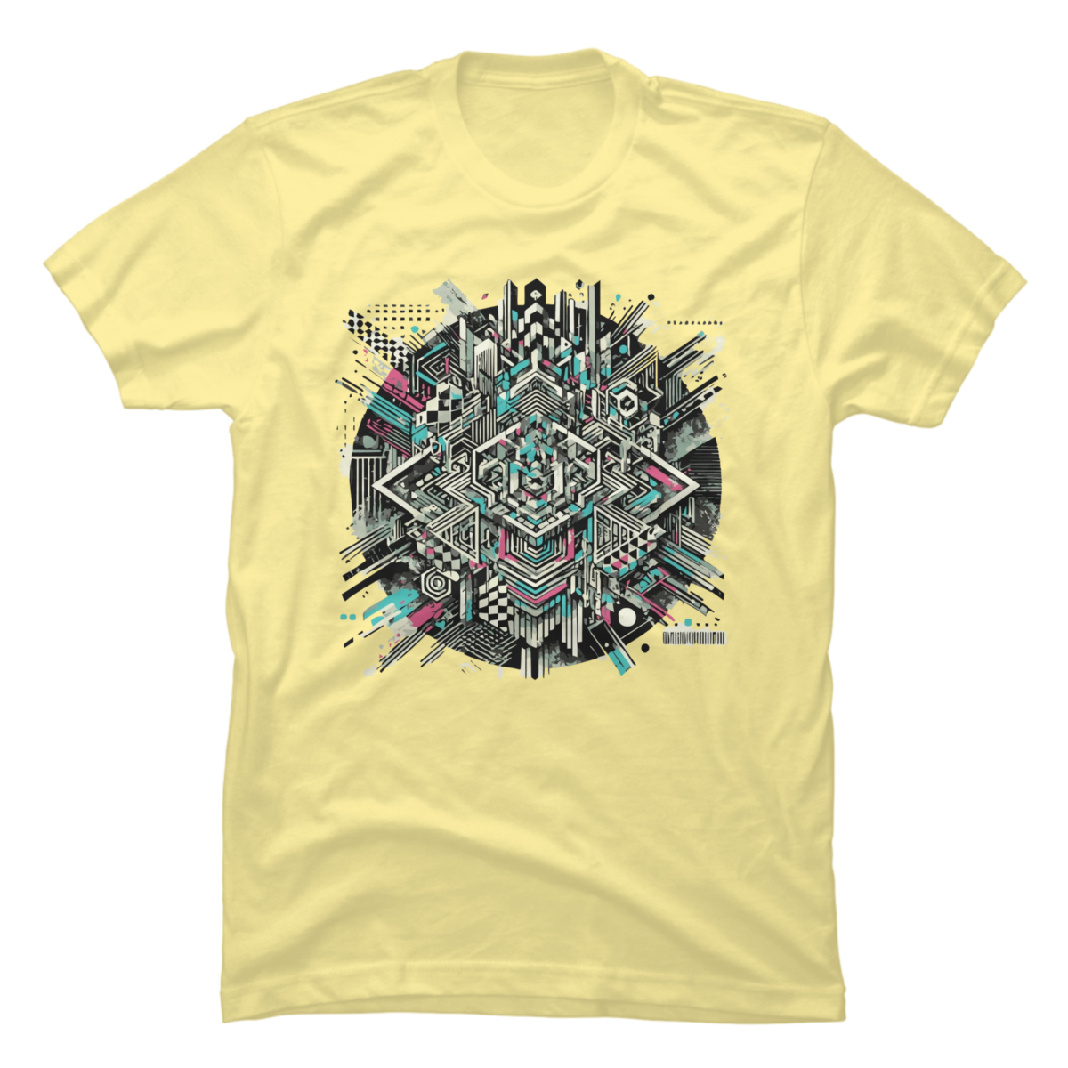 This design takes carefully crafted geometric patterns and shatters them with glitch-infused distortion, creating an eye-catching contrast between order and chaos.