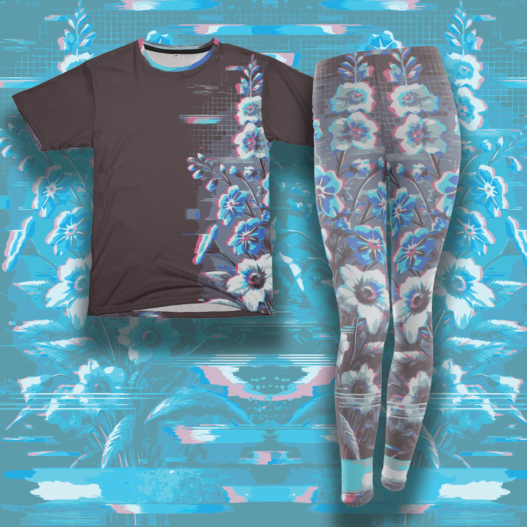 Moonflower forget-me-not glitchcore dreamscape leggings and top. 