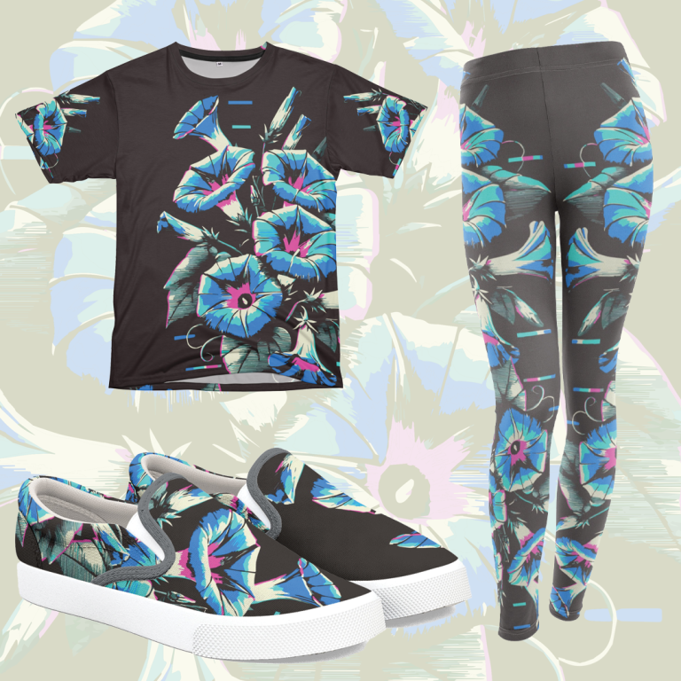 Glitchcore Morning Glories on a shirt, leggings, and shoes.