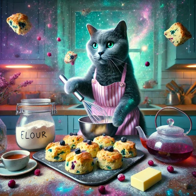 DALL·E 2025-02-13 19.28.21 - A whimsical, cosmic-themed kitchen scene featuring a mischievous lavender and dark teal Russian Blue cat (Bad Bella) baking scones. The kitchen has a