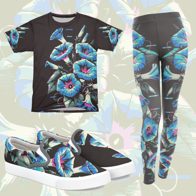 Glitchcore Morning Glories on a shirt, leggings, and shoes.
